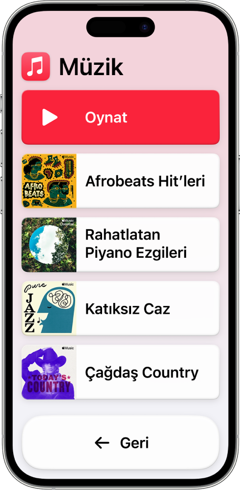 Müzik uygulaması açık olarak Yardımcı Erişim’de bir iPhone. Çal düğmesi ekranın en üstünde, Geri düğmesi ise en altta. Çalma listelerini gösteren bir liste ekranın ortasını dolduruyor.