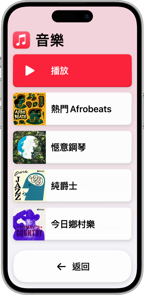 處於「輔助取用」的 iPhone 已開啟「音樂」App。「播放」按鈕位於畫面最上方，而「返回」按鈕則位於底部。播放清單的列表佔滿畫面的中間。