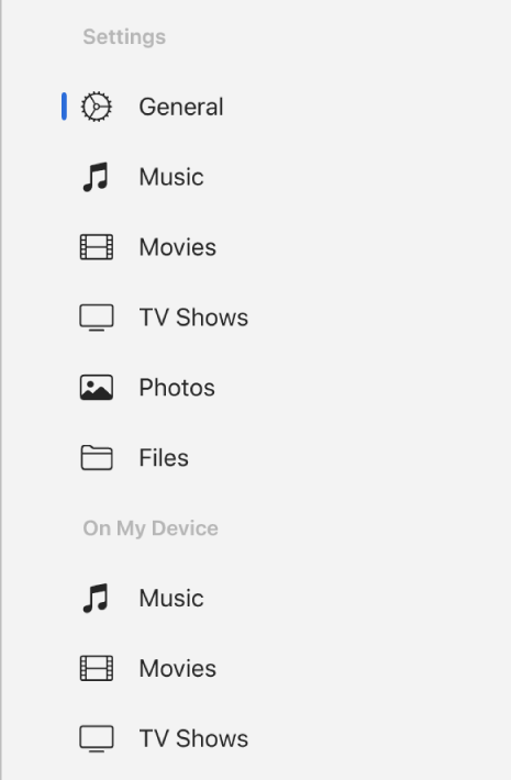 The sidebar showing the General button and buttons for content such as music, movies, TV shows and more.