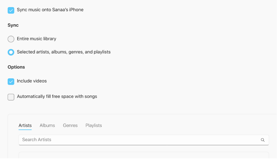 “Sync music onto device” tickbox appears with additional options for syncing your entire library or only selected music with videos and voice memos.