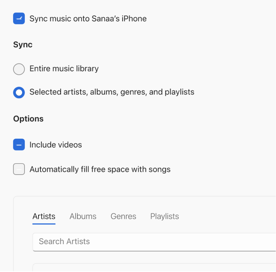 La ventana de la app Dispositivos Apple mostrando la opción para sincronizar música.