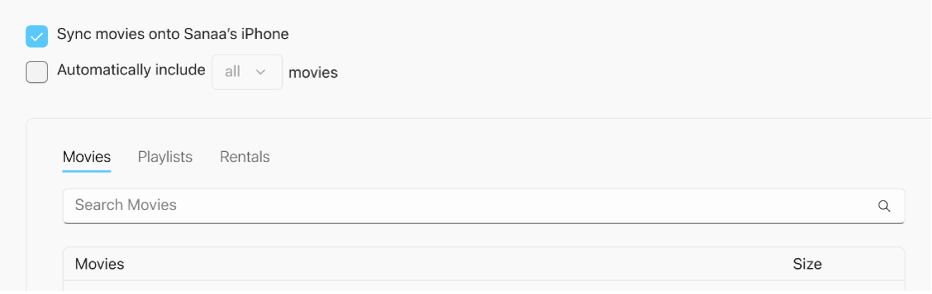 La case « Synchroniser les films sur [l’appareil] » est cochée. En dessous se trouve la case cochée « Inclure automatiquement », et l’option « Tous les » est sélectionnée dans le menu local.