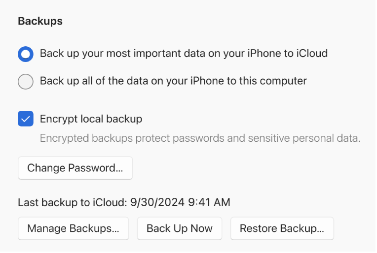 Le opzioni per eseguire il backup dei dati da un dispositivo vengono visualizzate con due pulsanti che consentono di selezionare se si desidera effettuare il backup su iCloud o sul dispositivo Windows, l’opzione “Codifica backup locale” per codificare i dati di backup e dei pulsanti aggiuntivi per gestire i backup, ripristinare da un backup e avviare un backup.