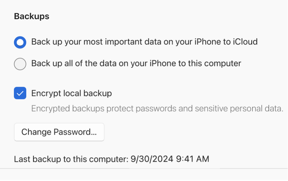 Una finestra di Dispositivi Apple che mostra le opzioni per il backup e per il ripristino di un dispositivo Apple.