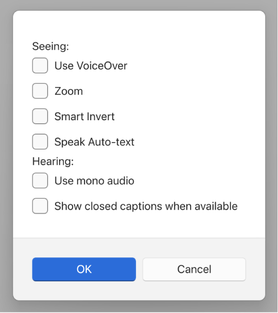 Hjälpmedelsfunktioner i Apple Devices-appen med alternativen Använd VoiceOver, Zooma, Smart invertering, Läs upp autotext, Använd monoljud och Visa dold textning om det finns.