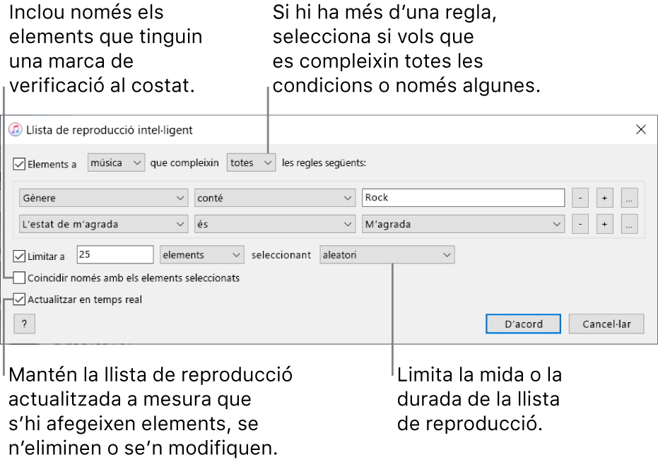 La finestra “Llista de reproducció intel·ligent”: a la cantonada superior esquerra, selecciona Complir i indica els criteris de la llista de reproducció (com ara el gènere i la puntuació). Continua afegint i eliminant regles. Si hi ha més d’una regla, hauràs de seleccionar si s’ha de complir alguna o totes les condicions. Pots seleccionar diverses opcions a la part inferior de la finestra, com ara limitar la mida o la durada de la llista de reproducció, incloure només les cançons que estiguin marcades o fer que l’iTunes actualitzi la llista de reproducció a mesura que canviïn els elements de la biblioteca.