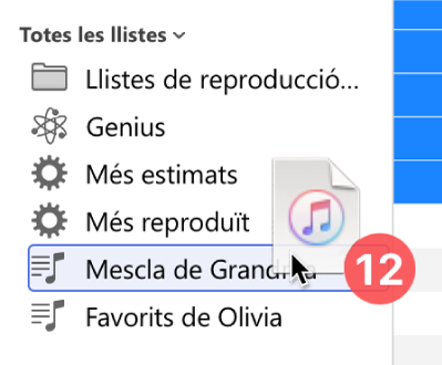 Un àlbum arrossegat a una llista de reproducció. La llista de reproducció quedarà ressaltada amb un rectangle blau.