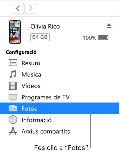 La finestra del dispositiu amb l’opció “Fotos” seleccionada a la barra lateral.