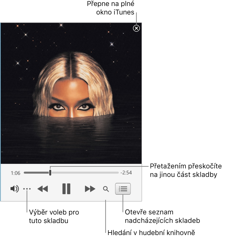 Rozbalený minipřehrávač s ovládacími prvky pro právě přehrávanou skladbu. V pravém horním rohu se nachází zavírací tlačítko, kterým můžete přepnout na úplné okno iTunes. U dolního okraje okna je jezdec, pomocí kterého můžete přejít na jinou část skladby. Pod jezdcem je na levé straně umístěno tlačítko Více, které slouží k výběru voleb zobrazení a dalších voleb pro právě přehrávanou skladbu. Zcela vpravo pod jezdcem se zobrazují dvě tlačítka – lupa pro prohledávání celé hudební knihovny a seznam Nadcházející, ve kterém vidíte skladby připravené k přehrání.