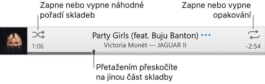 Banner s přehrávanou skladbou V levém horním rohu je tlačítko Zamíchat; v pravém horním rohu najdete tlačítko Opakovat Tažením v přehrávací liště přeskočíte na jinou část skladby.