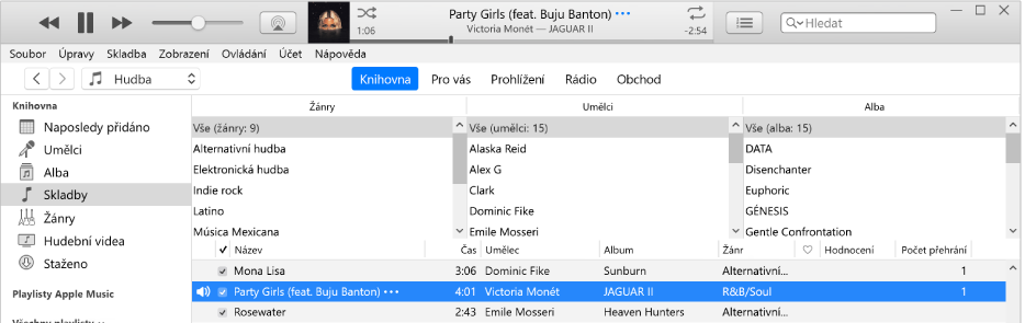Hlavní okno iTunes: Sloupcový prohlížeč se nachází vpravo od bočního panelu nad seznamem skladeb.