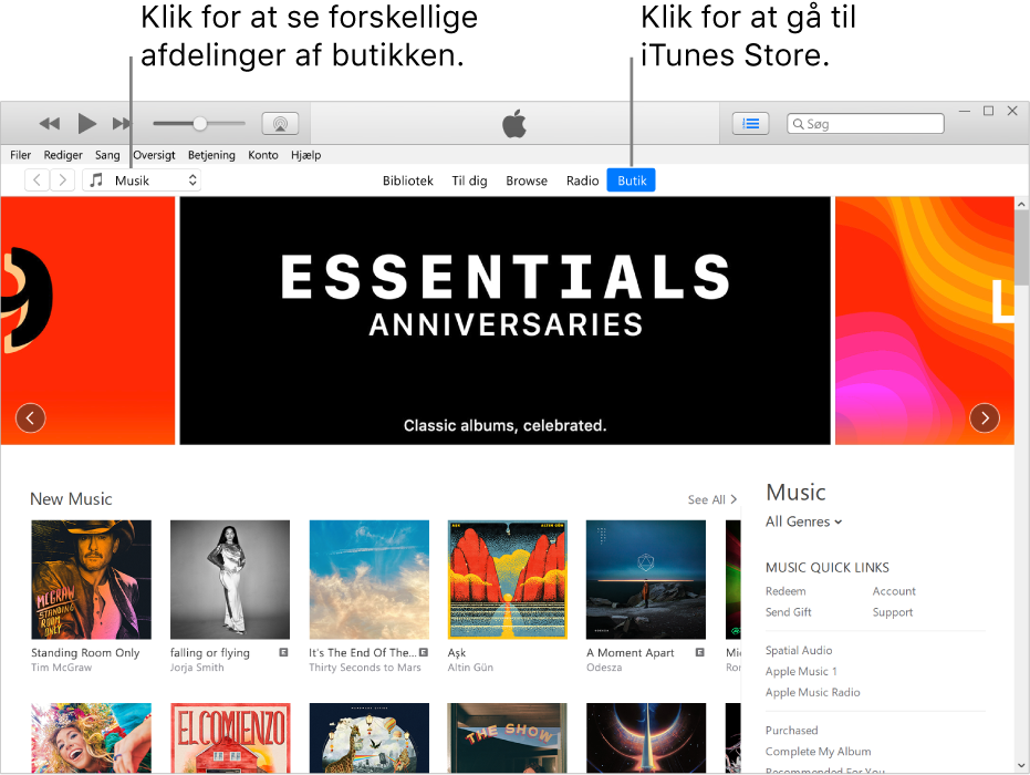 Hovedvinduet i iTunes Store: Butik er markeret på navigationslinjen. I øverste venstre hjørne kan du vælge andet indhold, du vil se i butikken (f.eks. musik eller tv).