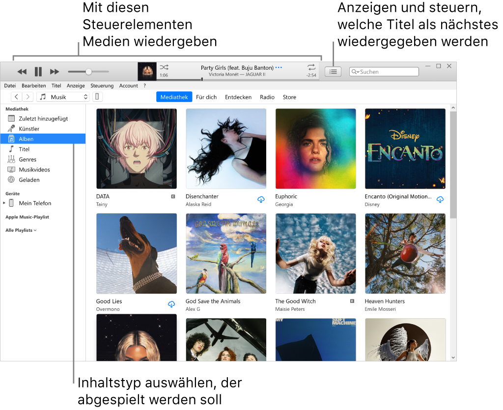 Das Hauptfenster der iTunes-Mediathek: Wähle im Navigationsbereich die Art der Medien aus, die du abspielen willst (z. B. Musik). Verwende die Steuerelemente im Banner oben, um deine Medien abzuspielen, und das Popupmenü „Als Nächstes“ rechts, um die Mediathek auf andere Weise anzuzeigen.