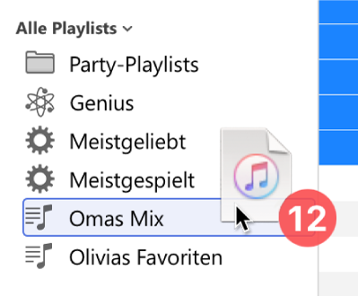 Ein Album, das in eine Playlist gezogen wird. Die Playlist wird durch ein blaues Rechteck hervorgehoben.