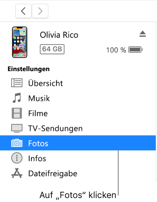 Das Fenster „Gerät“ und in der Seitenleiste ist „Fotos“ ausgewählt.