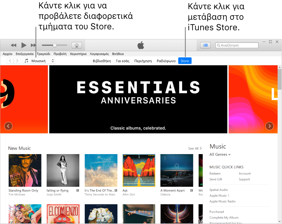 Το κύριο παράθυρο του iTunes Store: Στη γραμμή πλοήγησης, το Store είναι επισημασμένο. Στην πάνω αριστερή γωνία, επιλέξτε την προβολή διαφορετικού περιεχομένου στο Store (όπως Μουσική ή Εκπομπές).