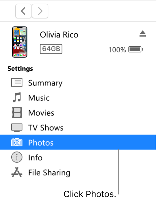 The Device window, with Photos selected in the sidebar.