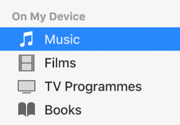 The On My Device section of the sidebar showing Music selected.