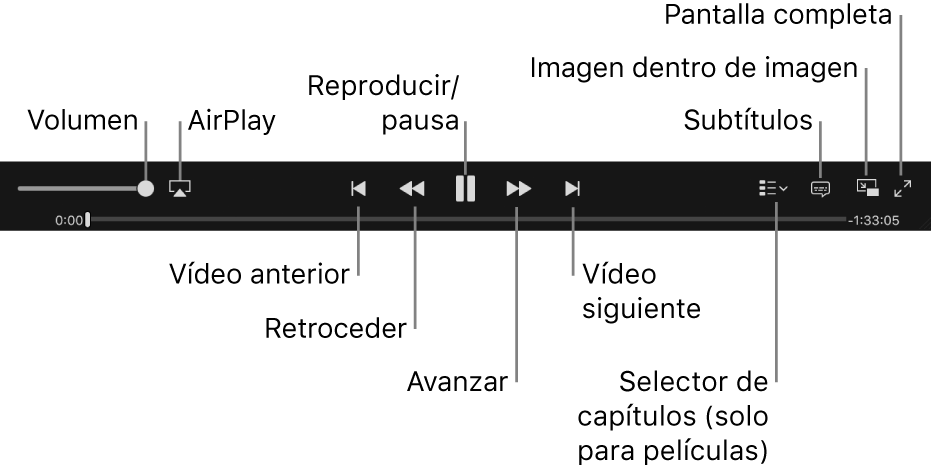 Controles de vídeo: volumen, AirPlay, vídeo anterior, búsqueda hacia atrás, reproducción/pausa, búsqueda hacia delante, vídeo siguiente, selector de capítulos (solo para películas), subtítulos, imagen dentro de imagen y pantalla completa.