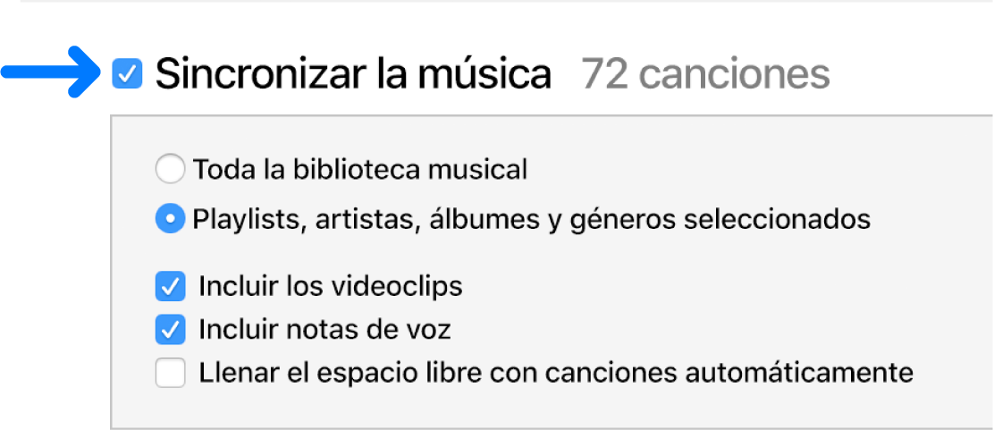 La opción “Sincronizar la música”, situada cerca de la parte superior izquierda, está seleccionada con opciones para sincronizar toda la biblioteca o solo los ítems seleccionados.