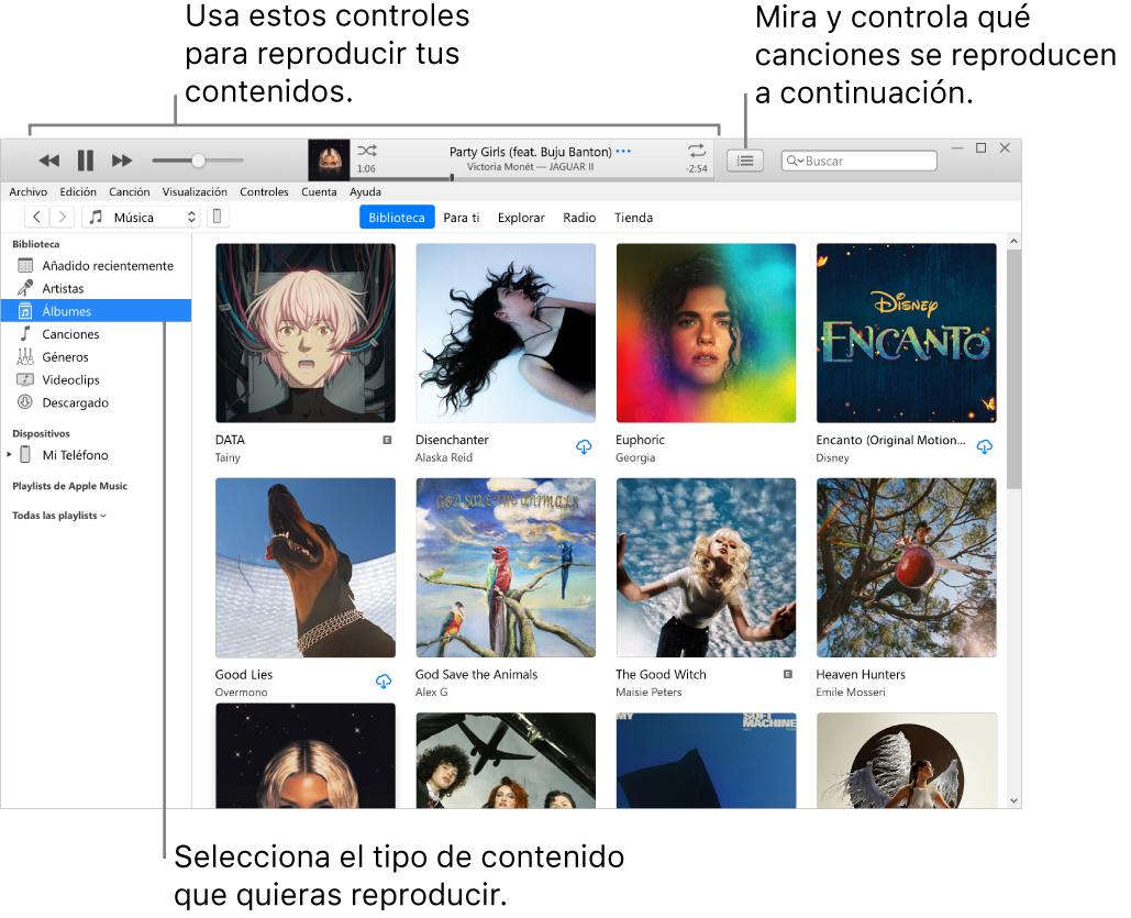 La ventana principal de la biblioteca de iTunes: en el navegador, selecciona el tipo de contenido que quieres reproducir (como Música). Usa los controles de la tira superior para reproducir el contenido, y el menú desplegable “A continuación” de la derecha para ver tu biblioteca de diversas maneras.