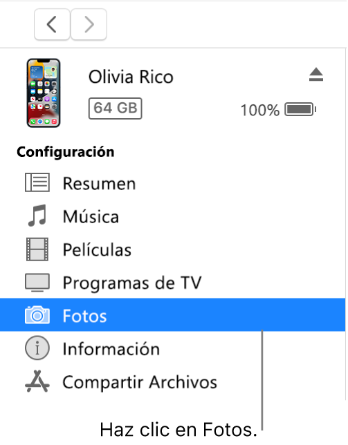 La ventana Dispositivo con la sección Fotos seleccionada en la barra lateral.