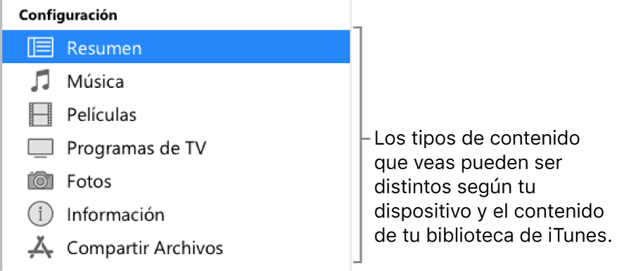 La opción Resumen está seleccionada en la barra lateral. Los tipos de contenido que aparecen pueden variar dependiendo de tu dispositivo y del contenido de tu biblioteca de iTunes.