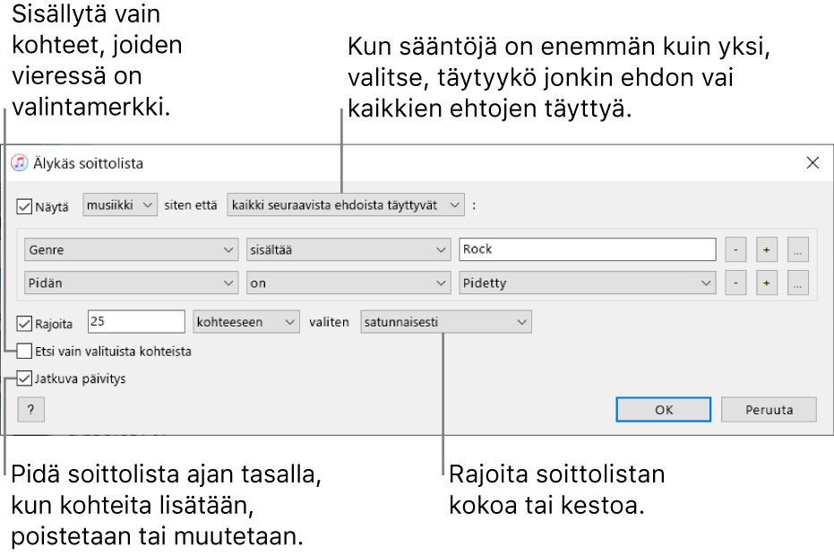 Älykäs soittolista -ikkuna: Valitse vasemmassa yläkulmassa Näytä ja valitse soittolistan kriteerit (kuten genre tai pitäminen). Jatka sääntöjen lisäämistä tai poistamista. Kun sääntöjä on enemmän kuin yksi, valitse pitääkö yhden ehdoista vai kaikkien ehtojen täyttyä. Aseta erilaisia asetuksia ikkunan alaosassa – voit esimerkiksi rajoittaa soittolistan kokoa tai kestoa, ottaa listalle vain kappaleita, hyväksyä listalle vain merkittyjä kappaleita tai laittaa iTunesin päivittämään soittolistaa kirjaston kohteiden muuttuessa.