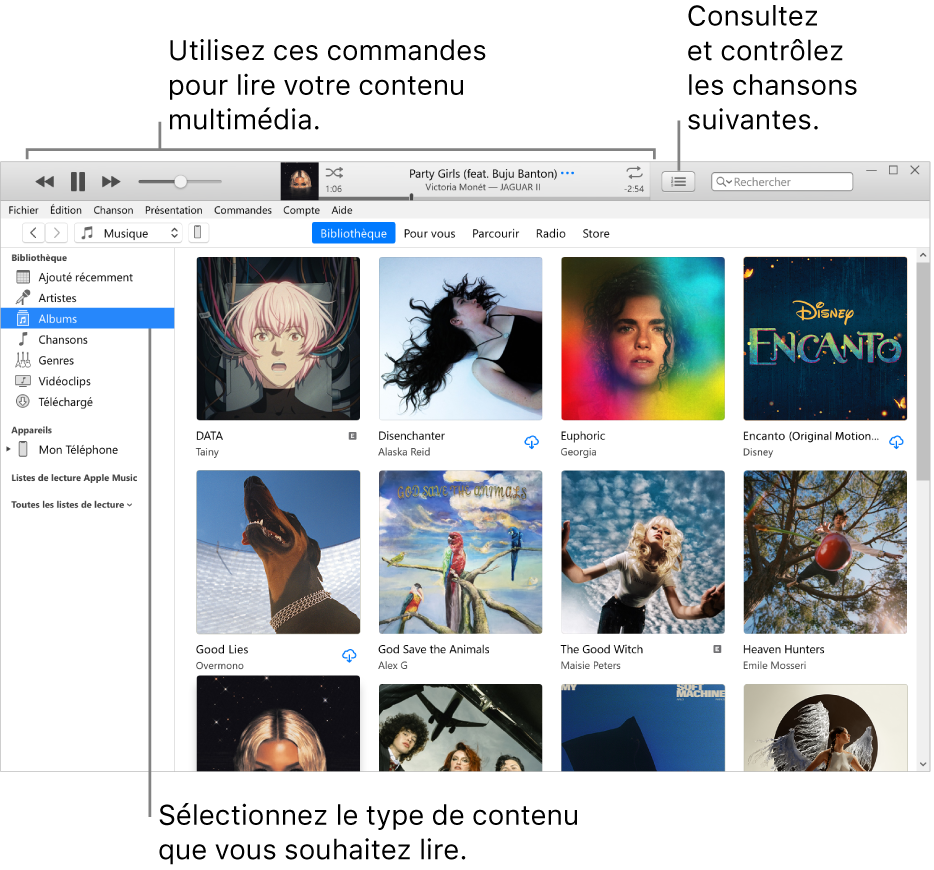 La fenêtre principale de la bibliothèque iTunes : Dans le navigateur, choisissez le type de contenus multimédias à lire (tel que Musique). Utilisez les commandes de la bannière située en haut pour lire votre contenu multimédia, et utilisez le menu contextuel Suivants sur la droite pour voir votre bibliothèque de différentes manières.