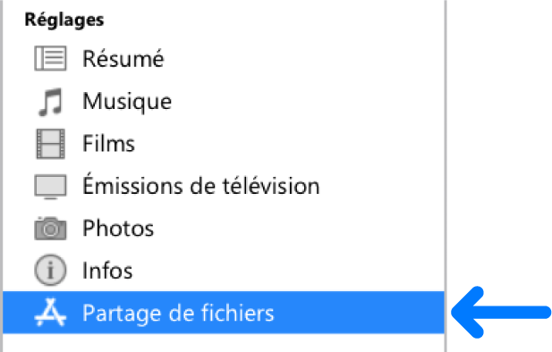 Dans l’app Réglages de l’appareil, cliquez sur Partage de fichiers pour transférer des fichiers entre votre ordinateur et l’appareil.