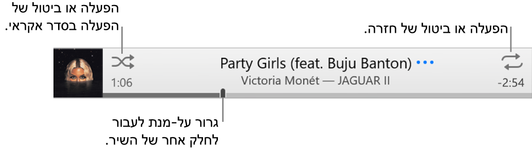 הבאנר עם שיר מתנגן. הלחצן ״סדר אקראי״ בפינה השמאלית העליונה; הלחצן ״חזרה״ מופיע בפינה הימנית העליונה. גרור את הסמן על ציר הזמן כדי לעבור לחלק אחר של השיר.