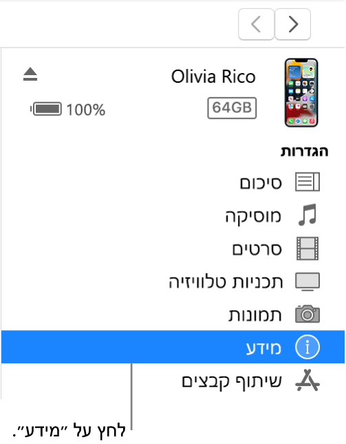 החלון ״מכשיר״ עם האפשרות ״מידע״ נבחרת בסרגל הצד.