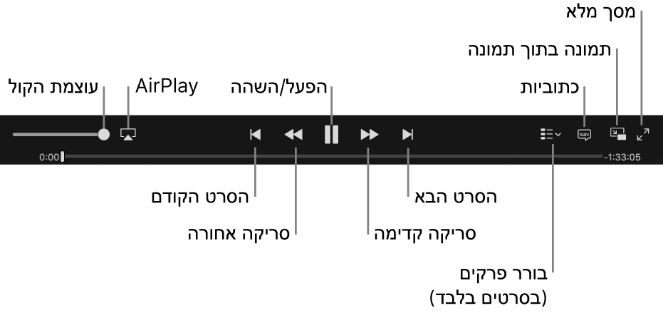 פקדי וידאו: ״עוצמת קול״, AirPlay, הסרט הקודם, סרוק אחורה, ״הפעל״/״השהה״, סרוק קדימה, הסרט הבא, בורר הפרקים (עבור סרטים בלבד), ״כתוביות״, ״תמונה בתוך תמונה״ ו״מסך מלא״.