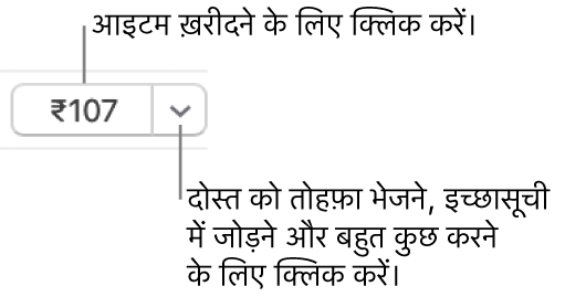 प्राइस दिखाने वाला एक बटन। आइटम ख़रीदने के लिए क़ीमत पर क्लिक करें। किसी दोस्त को आइटम गिफ़्ट करने के लिए तीर पर क्लिक करें, अपनी इच्छा सूची में आइटम जोड़ें, इत्यादि।
