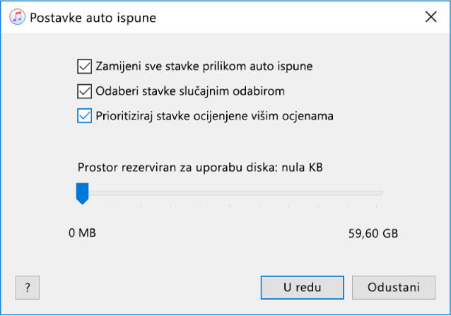 Dijaloški okvir postavki Automatske ispune.