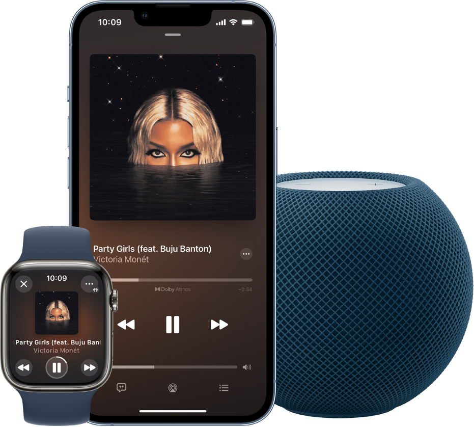 Prikaz pjesme u usluzi Apple Music koja se reproducira na uređajima Apple Watch, iPhone i HomePod mini.