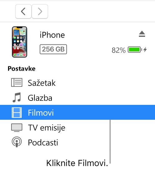 Prozor Uređaj s odabranom opcijom Filmovi u rubnom stupcu.