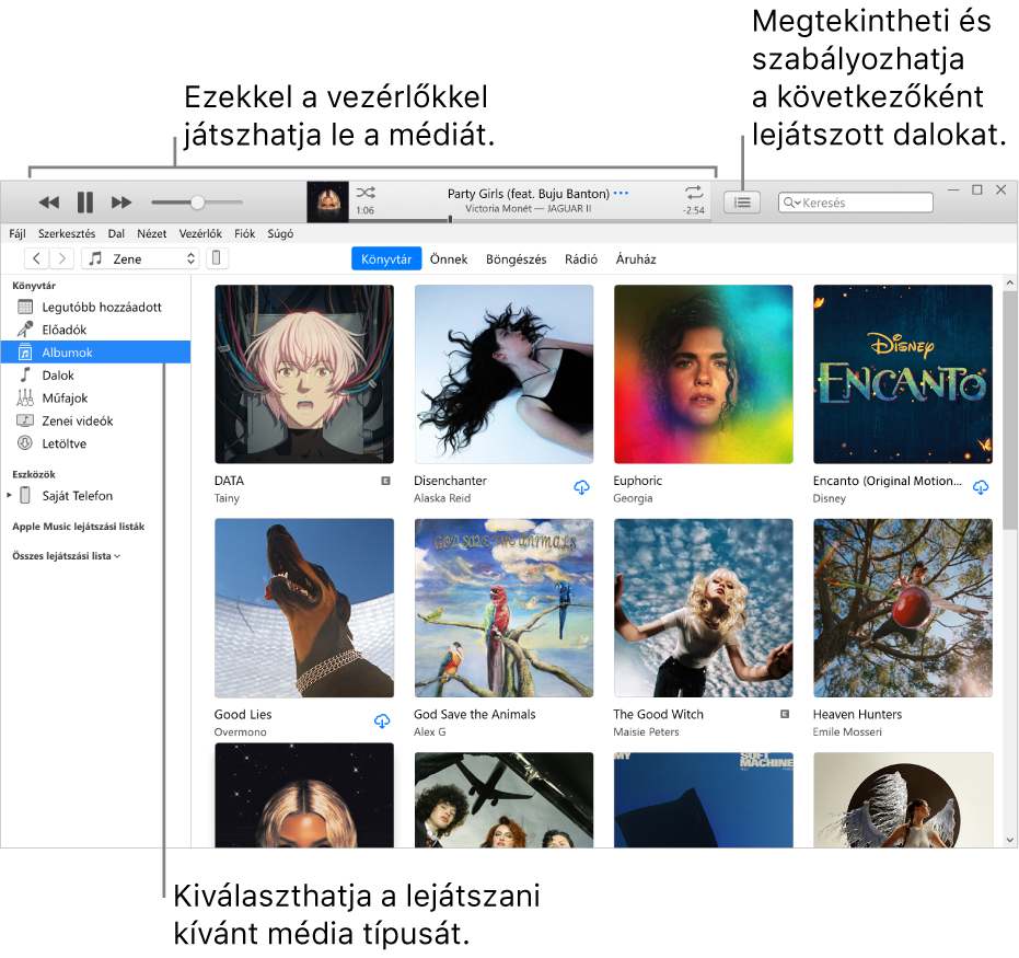 Az iTunes-könyvtár fő ablaka: A navigátorban válassza ki a lejátszani kívánt média típusát (például Zene). A média lejátszásához használja a felső sávon található vezérlőket, és használja a Következők előugró menüt a könyvtár különböző módokon való megjelenítéséhez.