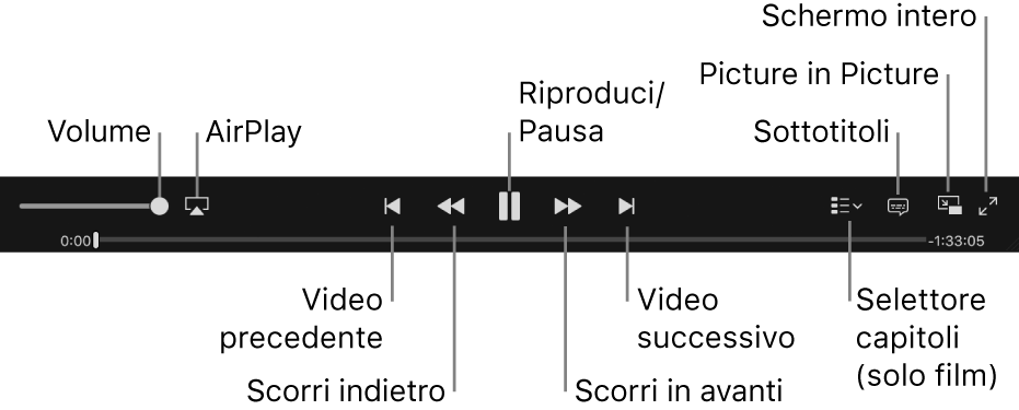 Controlli video: volume, AirPlay, video precedente, riavvolgi, riproduci/pausa, avanzamento, video successivo, selezione scene (solo per film), sottotitoli, PiP e visualizzazione a tutto schermo.