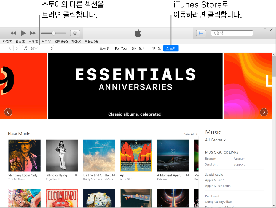 iTunes Store 주 창: 탐색 막대에 스토어가 하이라이트되어 있음. 왼쪽 상단 모서리에 있는 스토어에서 다른 콘텐츠를 보기 위해 선택함(예: 음악 또는 TV).