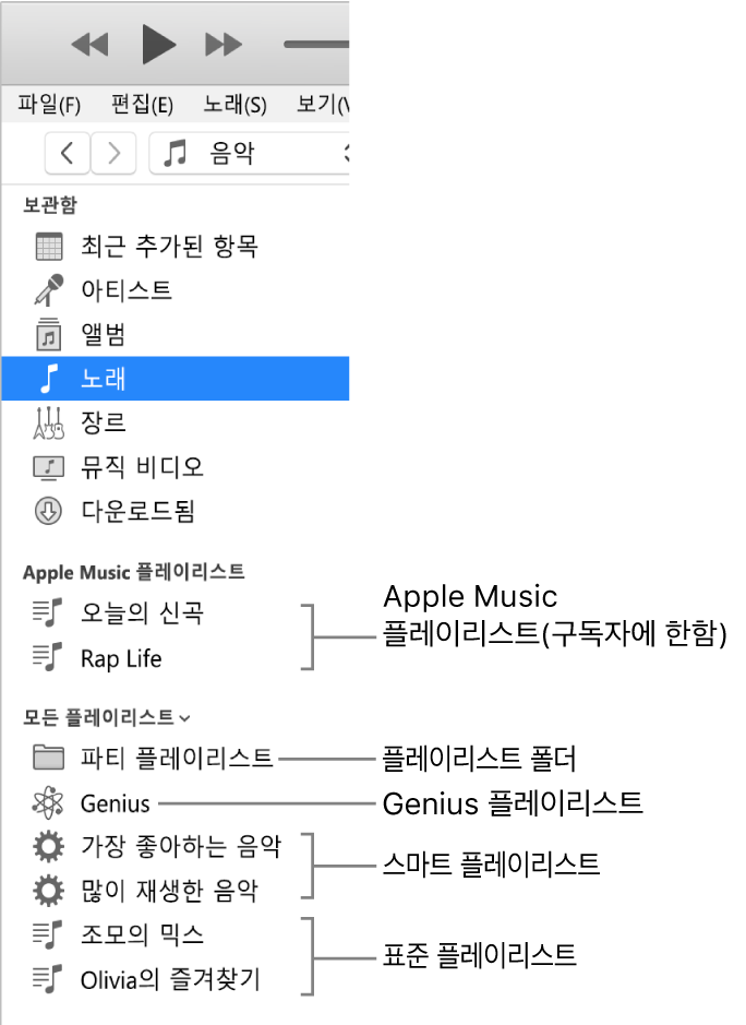 iTunes 사이드바에 여러 유형의 플레이리스트가 표시됨: Apple Music(구독자에 한함), Genius, 스마트 및 표준 플레이리스트 및 플레이리스트 폴더.