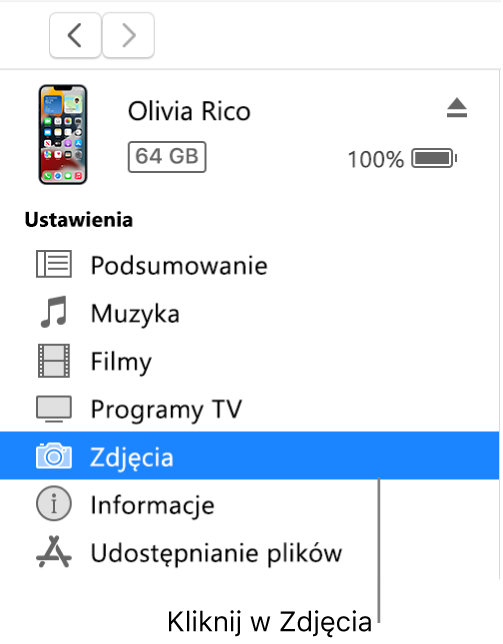 Okno Urządzenie z wybraną na pasku bocznym opcją Zdjęcia.