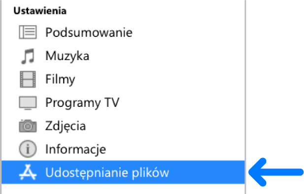 Kliknij w Udostępnianie plików w ustawieniach urządzenia, aby przesyłać pliki między komputerem a urządzeniem.