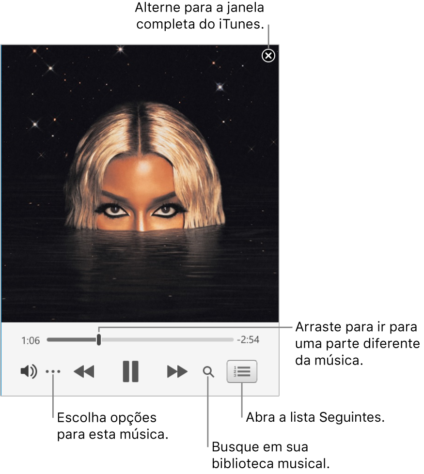 Minirreprodutor expandido exibindo os controles da música em reprodução. No canto superior direito, o botão fechar, usado para alternar para a janela completa do iTunes. Na parte inferior da janela há um controle que pode ser deslizado para ir para uma parte diferente da música. Abaixo do controle, no lado esquerdo, está o botão Mais, onde é possível escolher opções de visualização e outras opções da música sendo reproduzida. Na extremidade direita, abaixo do controle, há dois botões: a lupa, para pesquisar na biblioteca de música, e a lista Seguintes, para ver o que será reproduzido a seguir.