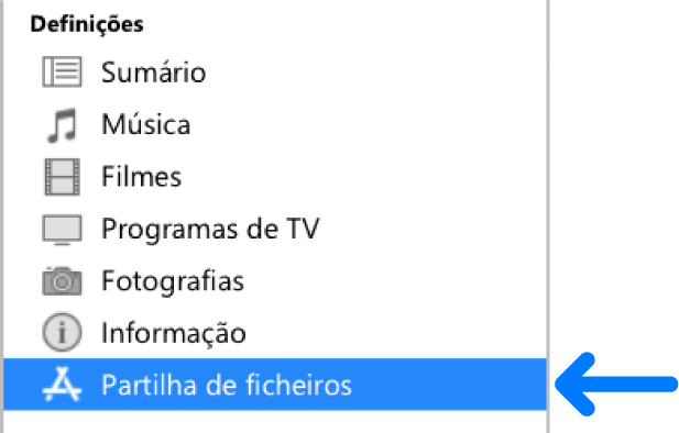 Nas Definições do dispositivo, clique em “Partilha de ficheiros” para transferir ficheiros entre o computador e o dispositivo.