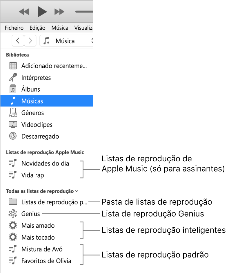 A barra lateral do iTunes a mostrar os vários tipos de listas de reprodução: Listas de reprodução de Apple Music (apenas assinantes), Genius, inteligentes e normais, além de uma pasta de listas de reprodução.
