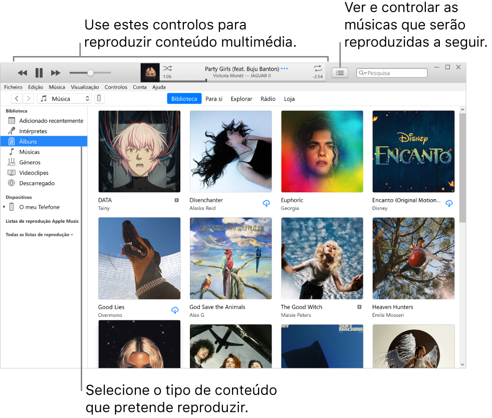 A janela principal da biblioteca do iTunes: no navegador, pode escolher o tipo de conteúdo a reproduzir (como música). Use os controlos na faixa, na parte superior, para reproduzir o conteúdo multimédia e use o menu pop-up à direita para ver a biblioteca de diferentes formas.