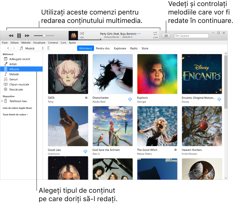 Fereastra principală bibliotecă iTunes: În navigator, selectați tipul de conținut multimedia care să fie redat (cum ar fi Muzică). Utilizați comenzile din bannerul de sus pentru a reda conținutul multimedia și utilizați meniul pop-up Urmează din dreapta pentru a vizualiza biblioteca în diferite moduri.