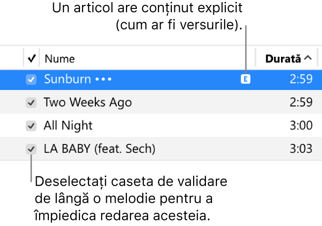 Detaliu al vizualizării Melodii din Muzică, prezentând casetele de validare în stânga și un simbol explicit pentru prima melodie (indicând că are conținut explicit, cum ar fi versurile). Deselectați caseta de validare de lângă o melodie pentru a împiedica redarea acesteia.