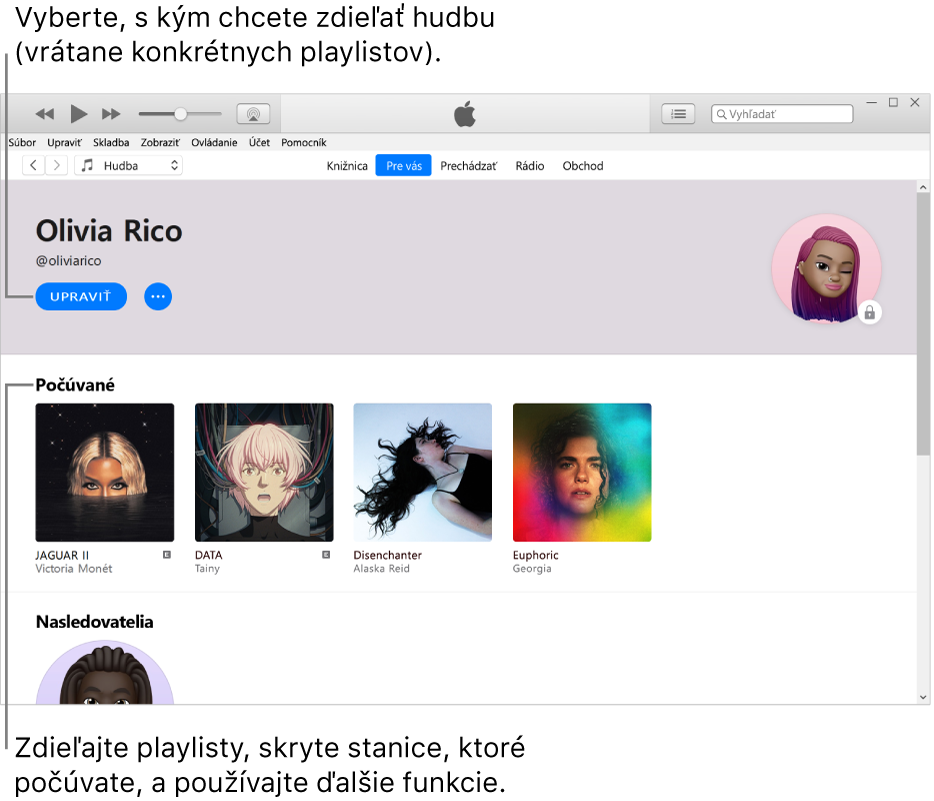 Strana profilu v Apple Music. Ak chcete vybrať, s kým budete zdieľať hudbu, kliknite na Upraviť v ľavom hornom rohu pod vaším menom. V časti Počúvané sú uvedené všetky albumy, ktoré počúvate. Položky, na ktoré kliknete pravým tlačidlom, môžete skryť pred ľuďmi, ktorí vás sledujú, zdieľať ich alebo s nimi vykonať rôzne ďalšie akcie.